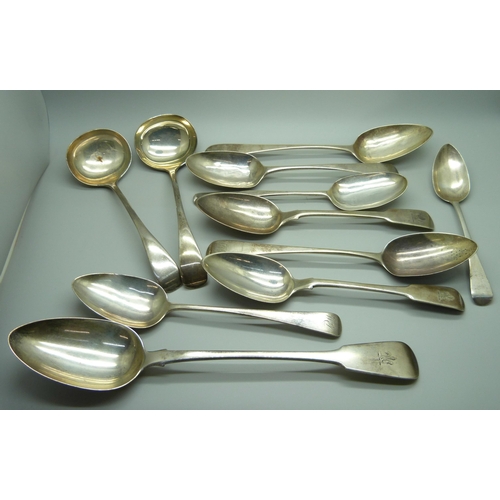 902 - Nine 19th Century silver serving spoons and a pair of later silver ladles by Mappin & Webb, 760g