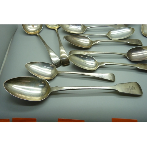 902 - Nine 19th Century silver serving spoons and a pair of later silver ladles by Mappin & Webb, 760g