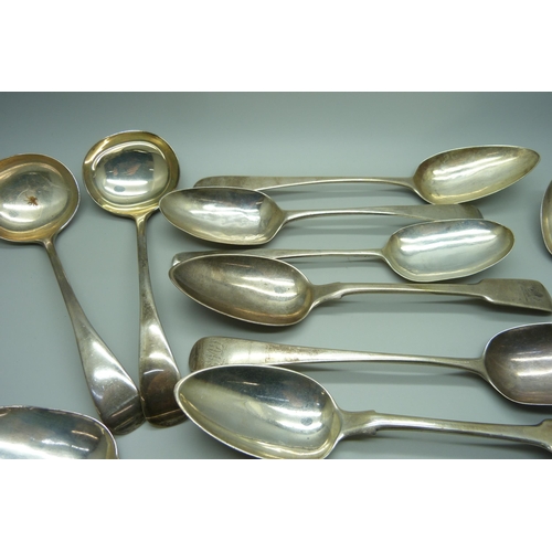 902 - Nine 19th Century silver serving spoons and a pair of later silver ladles by Mappin & Webb, 760g