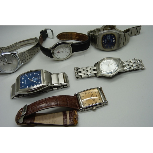 912 - A collection of six gentleman's wristwatches including Rotary, Lorus, Armani, etc.