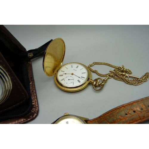 913 - A Seiko 5 automatic wristwatch, a Sekonda wristwatch, a pocket watch and a travel clock