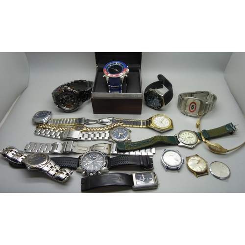 933 - A collection of wristwatches including Seiko chronograph, one other Seiko, Rotary, NY London, etc.