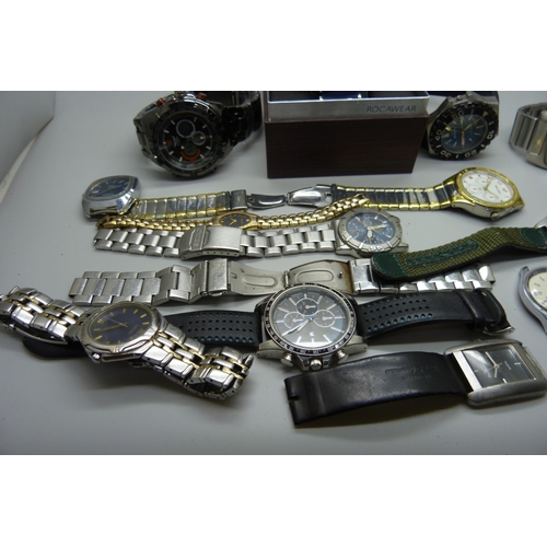 933 - A collection of wristwatches including Seiko chronograph, one other Seiko, Rotary, NY London, etc.