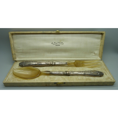 937 - French white metal and celluloid salad servers