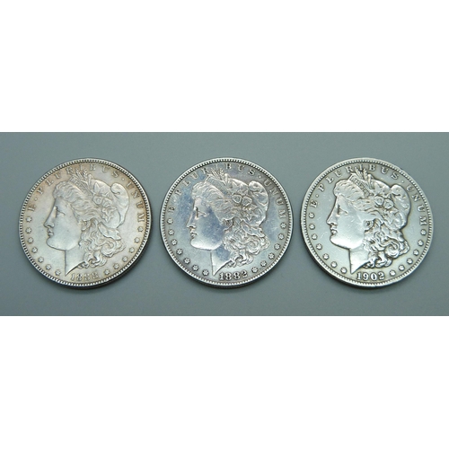 963 - Three silver US one dollar coins, 1882, 1888 and 1902, 80.2g