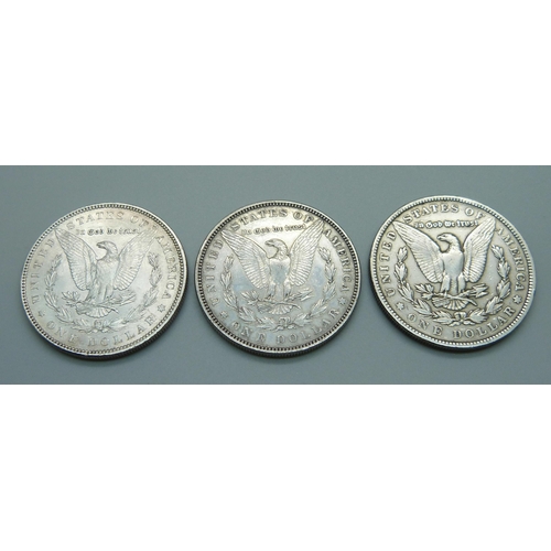 963 - Three silver US one dollar coins, 1882, 1888 and 1902, 80.2g