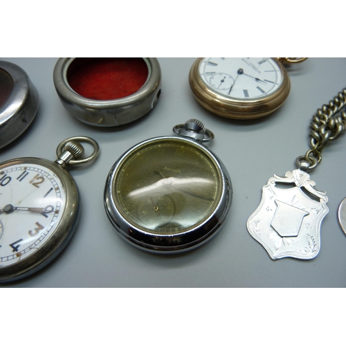 964 - A gold plated Waltham pocket watch, a military issue pocket watch, an Aircraft pocket watch and a si... 