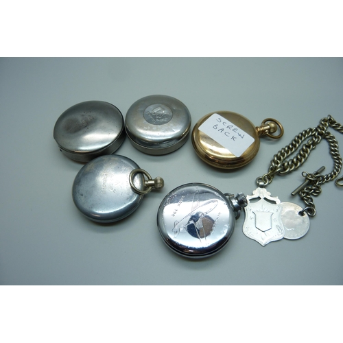 964 - A gold plated Waltham pocket watch, a military issue pocket watch, an Aircraft pocket watch and a si... 