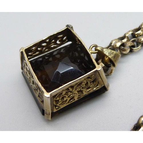 967 - A smoky quartz pendant on a vintage plated chain, chain 39cm