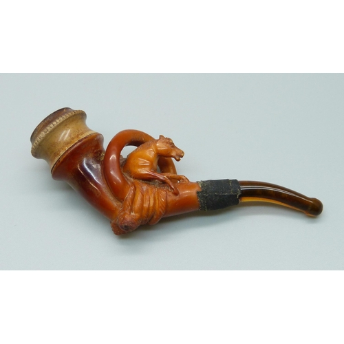 983 - A carved pipe with horse detail, cased, mouthpiece/stem a/f