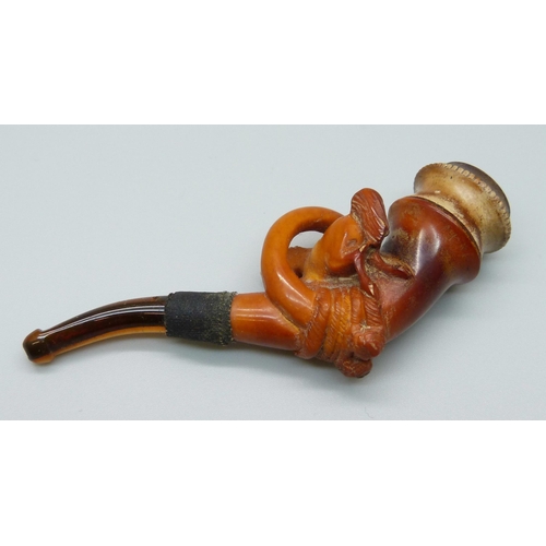 983 - A carved pipe with horse detail, cased, mouthpiece/stem a/f