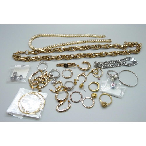 988 - Two silver rings, other rings, two necklaces, earrings, etc.