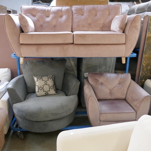 1557 - A pink velvet Hoxton three seater sofa and armchair