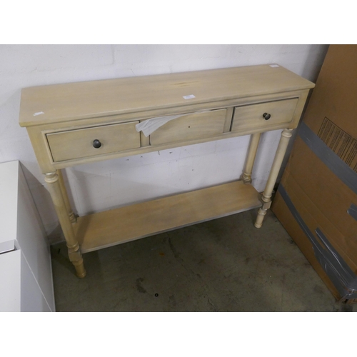 1604 - An olive three drawer console table -missing handle