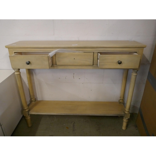 1604 - An olive three drawer console table -missing handle