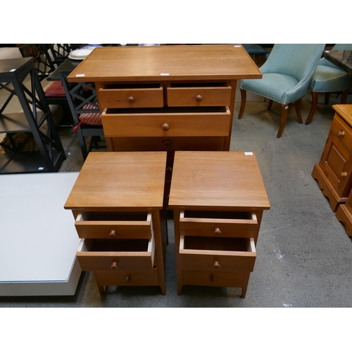 1613 - A cherrywood chest of drawers and a pair of bedside chests