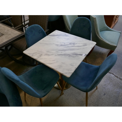 1630 - A square marble effect table with blue velvet upholstered chairs