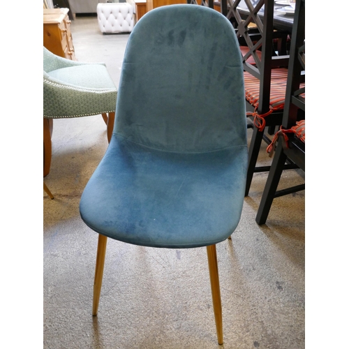 1630 - A square marble effect table with blue velvet upholstered chairs