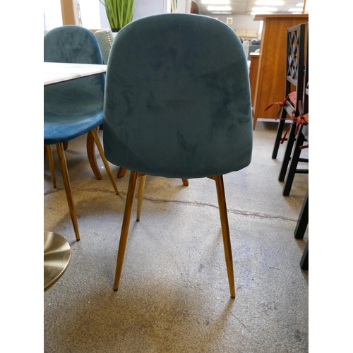 1630 - A square marble effect table with blue velvet upholstered chairs