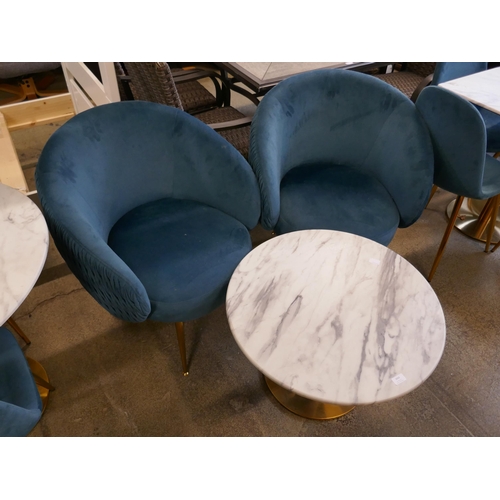 1633 - A low circular coffee table, marble effect, with two blue velvet tub chairs