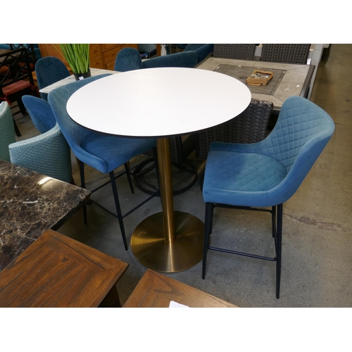 1658 - A circular bar table with gold base and two blue velvet barstools