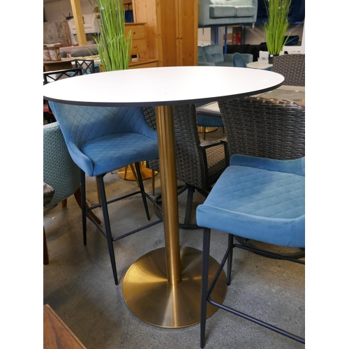 1658 - A circular bar table with gold base and two blue velvet barstools