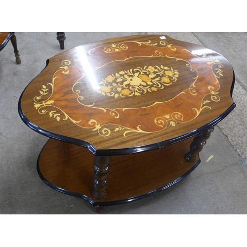 151 - An Italian marquetry effect whatnot, coffee table and tea tray