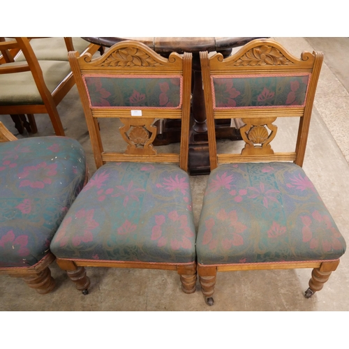 164 - A Victorian oak and fabric  upholstered chaise longue and pair of matching chairs