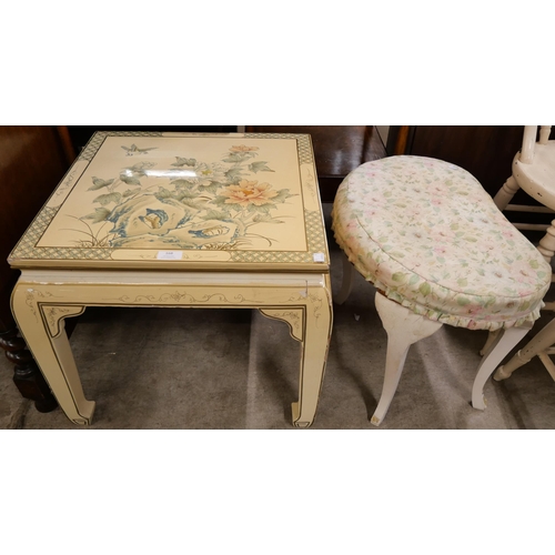 168 - A cream Chinese chinoiserie occasional table and and a dressing table stool