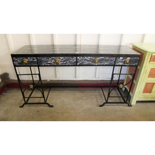 216 - An Italian style wrought iron and marble effect four drawer console table