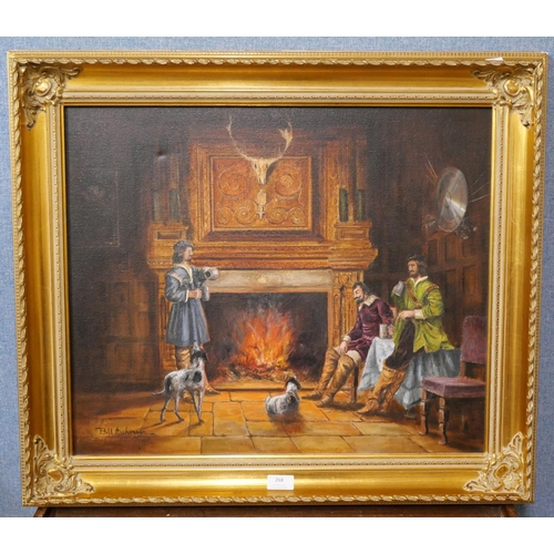 268 - Two Bill Makinson, interior scene with cavaliers and autumnal fox hunting scene, oil on canvas, fram... 