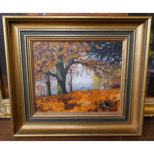 268 - Two Bill Makinson, interior scene with cavaliers and autumnal fox hunting scene, oil on canvas, fram... 