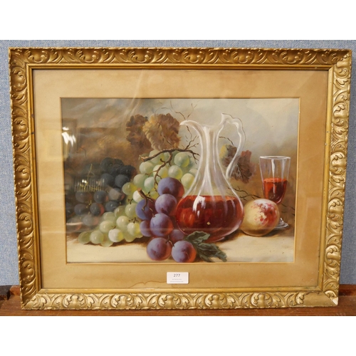 277 - English School (early 20th Century), still life of fruit and claret jug, gouache, framed