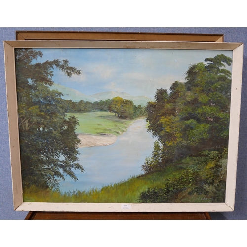 278 - French School (20th Century), lake scene landscape, oil on canvas and one other