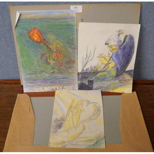 283 - Margaret Winifred Tarrant, three drawings, pen, ink and watercolour, unframed