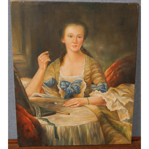 285 - R. Lowe, portrait of an 18th Century lady, oil on canvas, unframed