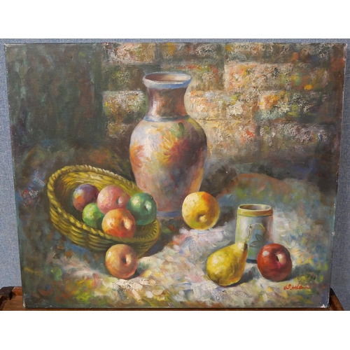 286 - Continental School, still life of fruit and vase, oil on canvas, indistinctly signed, unframed