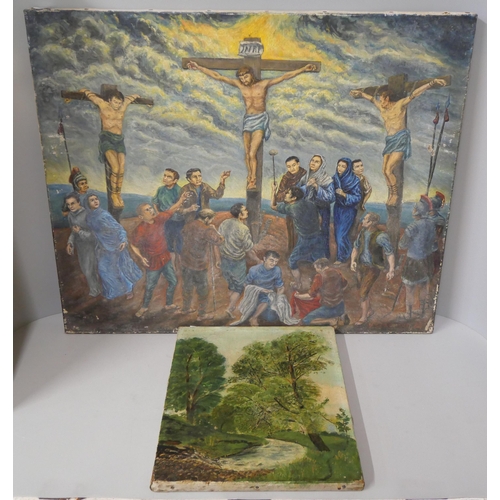 288 - Continental School, The Crucifixion, oil on canvas and one other oil on canvas, Spring in the Forest