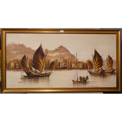 294 - An oriental harbour scene, oil on board, signed Kamttoi, framed