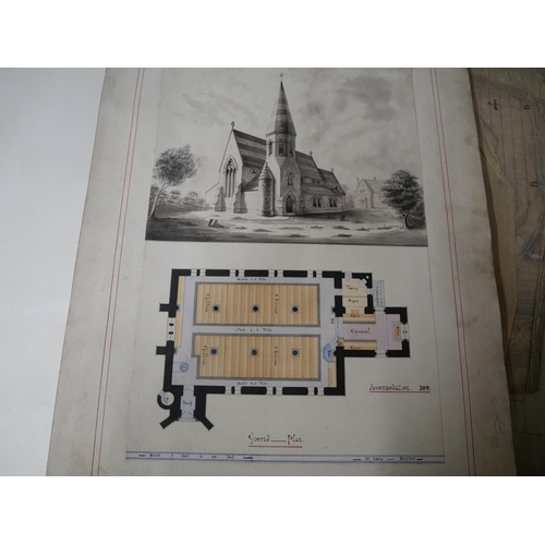 306 - W.M. Dodsley, series of architectural drawings, including a church with various views, handcoloured ... 