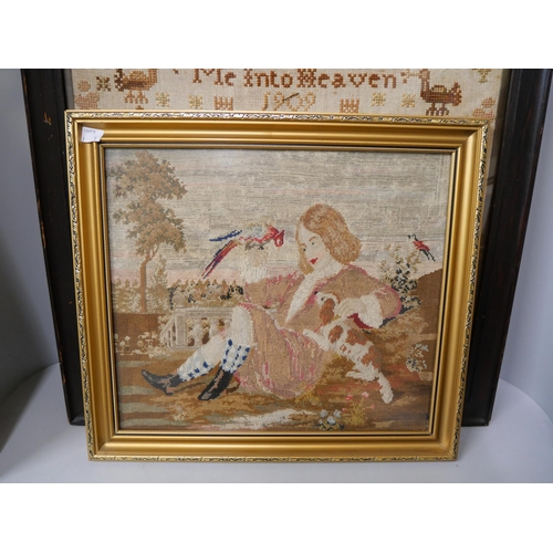 310 - An Edward VII woolwork sampler, a tapestry and an oil on board, landscape