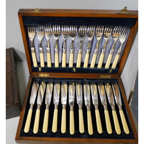 314 - A cased set of silver plated and faux ivory handled fish knives and forks and an inlaid oak cutlery ... 