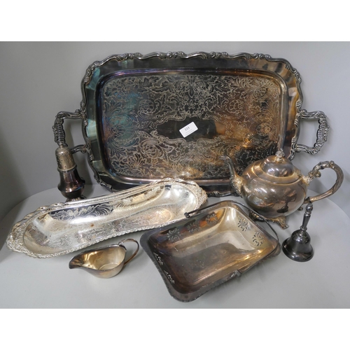 333 - A collection of plated ware, including a gallery tray, teapot, tankards, cups, etc.