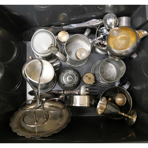 333 - A collection of plated ware, including a gallery tray, teapot, tankards, cups, etc.