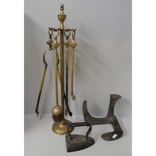 335 - A brass companion set, etc.