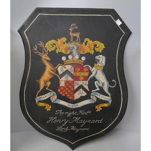 337 - Six armorial wooden shield shape wall hanging plaques