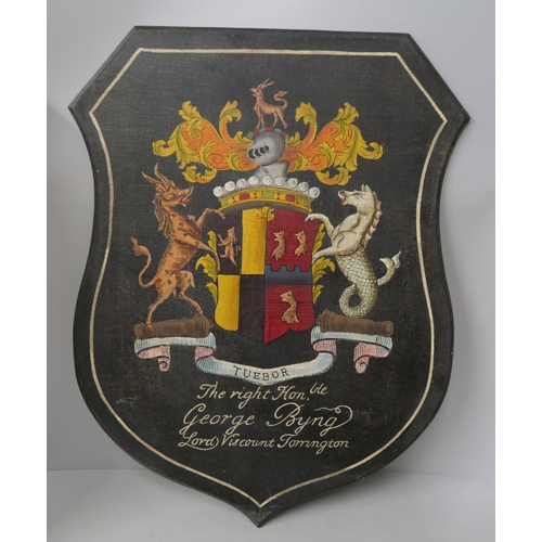 337 - Six armorial wooden shield shape wall hanging plaques