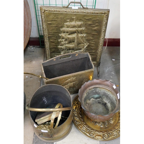 343 - A brass coal scuttle, fire screen, etc.