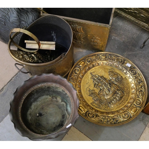 343 - A brass coal scuttle, fire screen, etc.