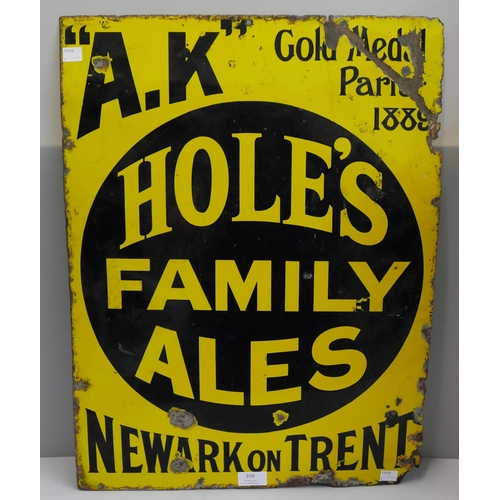 350 - A Hole's Family Ales, Newark on Trent enamelled metal advertising sign